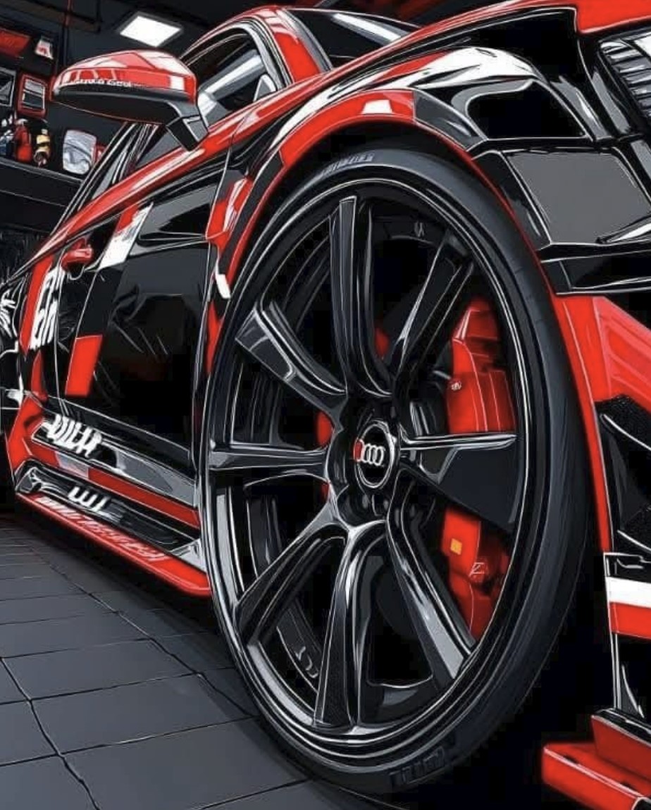 Premium wheel close-up on a red sport car